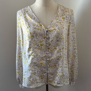 Rachel Zoe White w/ Yellow Gray & Pink Floral Print Vneck Button Up Blouse